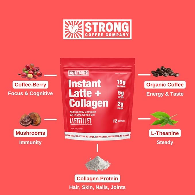 Strong Coffee Co. Vanilla Instant Latte | Organic Coffee with 15g Collagen Protein | Lion’s Mane & L-Theanine | Nootropic Instant Coffee | 12 Serving