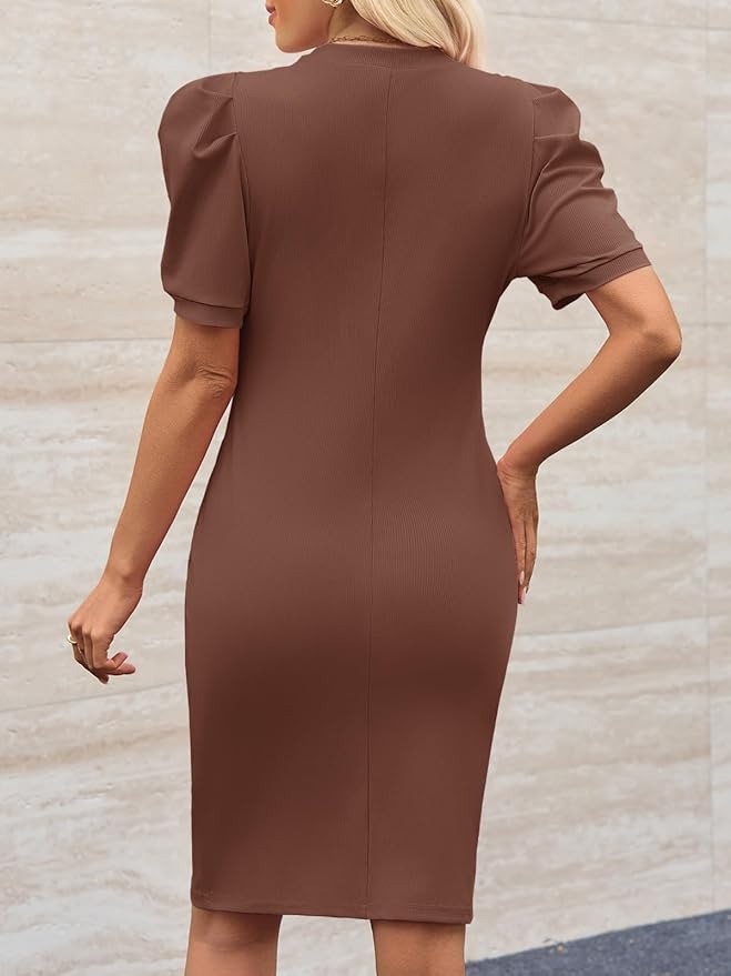 Cicy Bell Women's Puff Sleeve Bodycon Work Dresses Crew Neck Business Casual Office Pencil Dress