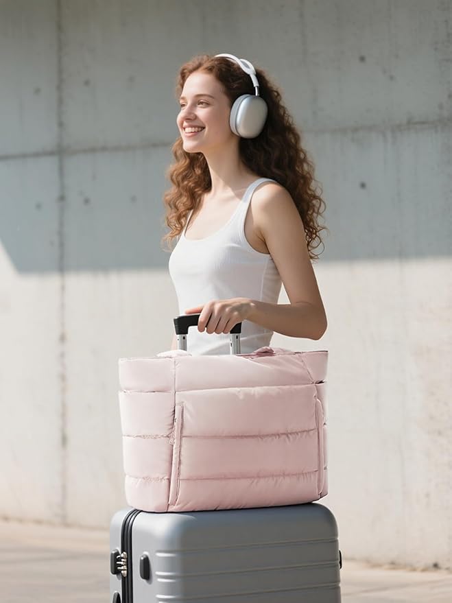 Puffer Tote Bag for Women, Lightweight Puffy Work Handbag Teacher Nurse Quilted Shoulder Bag for School Travel Gym | Quilted, with Zipper, Daily Carry On Bags, Comfy College Bags, 15.6" Laptop Sleeve, Cup Holder Pocket, Portable, Spacious