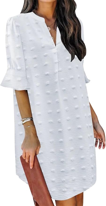 QACOHU Summer Dresses for Women V Neck Ruffle Short Sleeve Casual Shift Dress