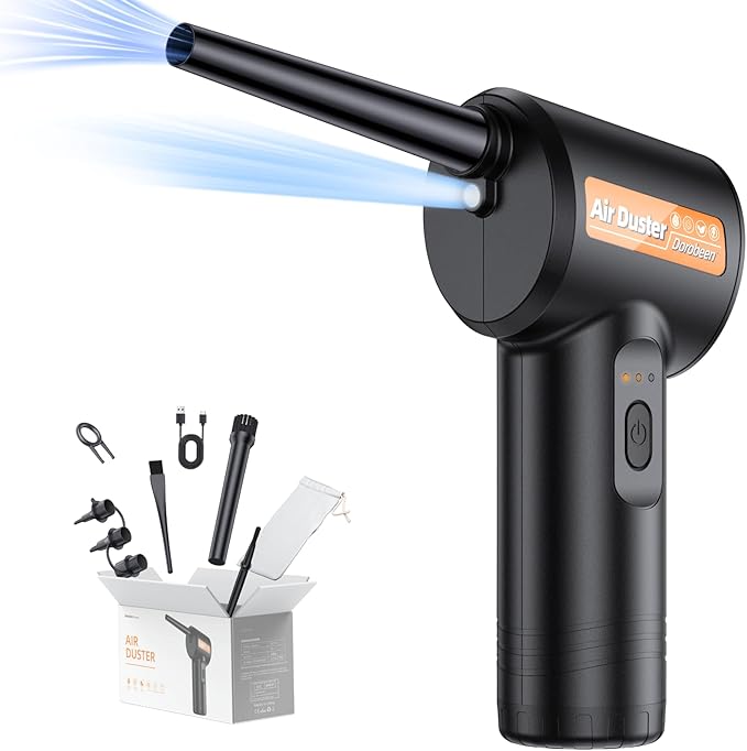 DOROBEEN Compressed Air Duster, Rechargeable Air Can, Electric Air Duster with BLDC Motor, Powerful Blower with LED Light, for PC Keyboard Cleaner with Accessories, (Black)