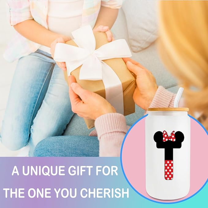 Cute Cartoon Mouse Lover Gifts Initial A-Z Personalized Iced Coffee Cup Magic Mouse Stuff Wizard Gift 16oz Glass Cup with Lid and Straws Birthday Christmas Gifts for Women Teen Girls (Letter T)