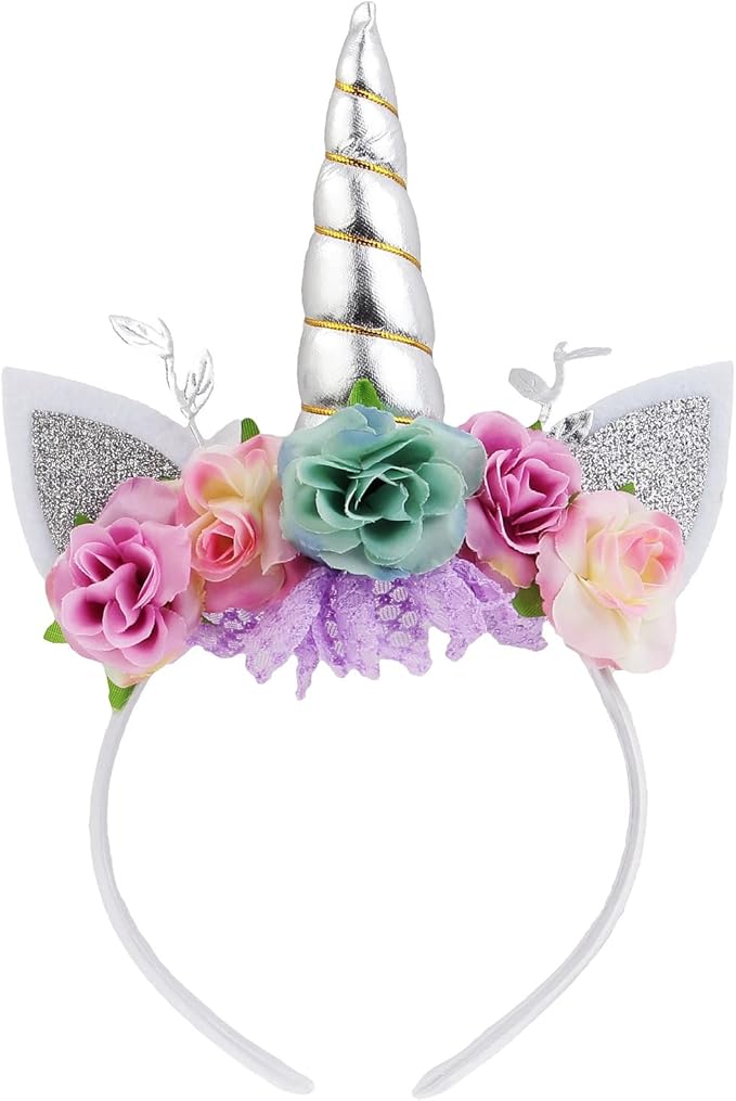 Nishine Unicorn Horn Floral Headband Glitter Ears Pony Head Bands Tiara for Girls Party Birthday Cosplay