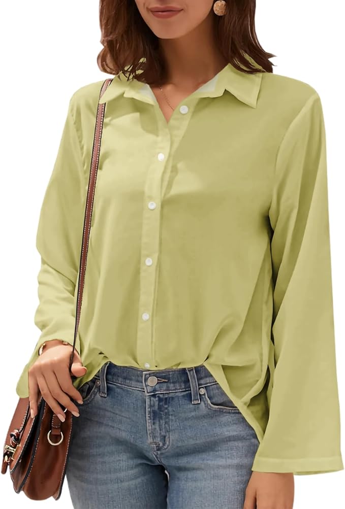 Womens Classic Shirts Casual Button Solid Color Long Sleeve Work Blouse Collared Relaxed Fit Summer Tops