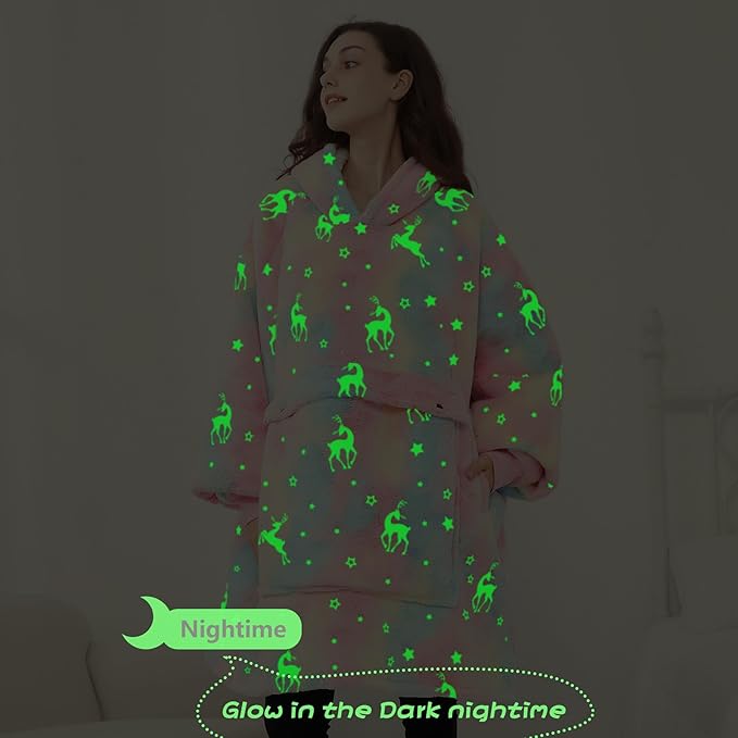 Glow in The Dark Wearable Blanket Hoodie for Adults Sherpa All Patterns Oversized Sweatshirt Blanket with Pockets Cute Gifts for Women Rainbow