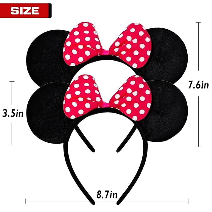 MADO 2 pack mouse ears headbands for adults women little girls boys (ruby red, onesize)