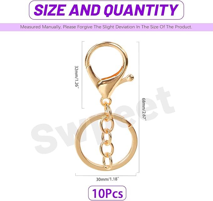 Swpeet 10Pcs Light Gold Lobster Claw Clasps with Key Chain and Flat Split Keychain Ring Assortment Kit, Swivel Clasps Hook Clips Swivel Snaps Hooks for Purse Strap Keychain DIY Crafts