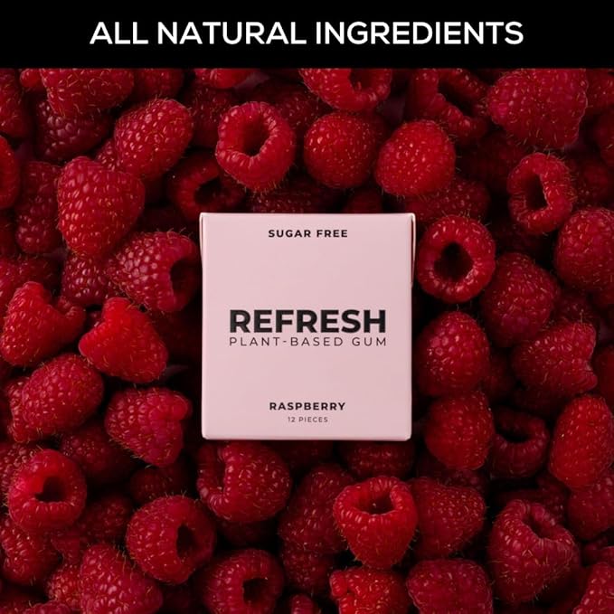 Refresh Gum, Sugar Free, Natural, Xylitol, Long Lasting Chewing Gum, Natural Flavors, Organic Ingredients, Plastic Free, Non GMO, Gluten Free, Vegan (12 Count (Pack of 12), Raspberry)