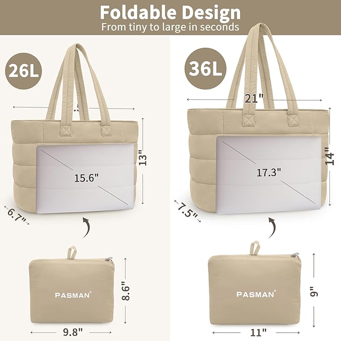 Puffer Bag for Women,Quilted Travel Puffy Tote Bag Fit for Laptop,Nylon Work Bag for Nurse College,Teacher