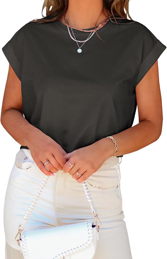 Tankaneo Womens Short Sleeve Cropped T-Shirts Summer Rolled Dolman Sleeve Crop Tops Casual Round Neck Solid Short Basic Tees