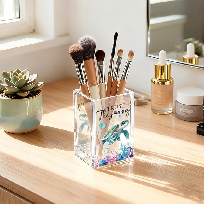 Trust The Journey Acrylic Pencil Holder Cup, Inspirational Gifts for Friends Coworker, Funny Sea Turtle Pen Holder for Women Girls Turtle Lover, Pencil Cup for Desk, Marker Makeup Organizer