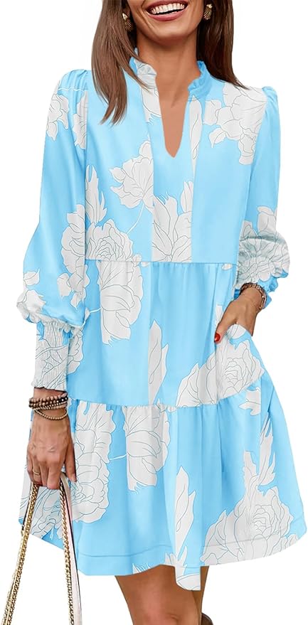 Imily Bela Womens Fall Long Sleeve Tunic Dress Casual V Neck Loose Ruffle Tiered Dress