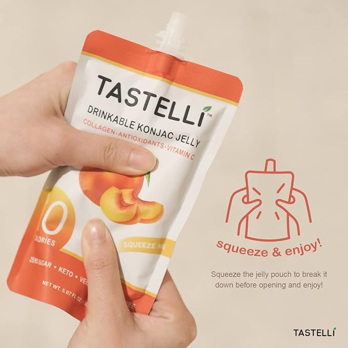 Tastelli Konjac Jelly Infused with Collagen & Vitamin C | Gluten Free, Sugar Free, Low Calorie | Vegan Drinkable Fruit Jelly Snack | Peach | 150mL x 10 Pouches