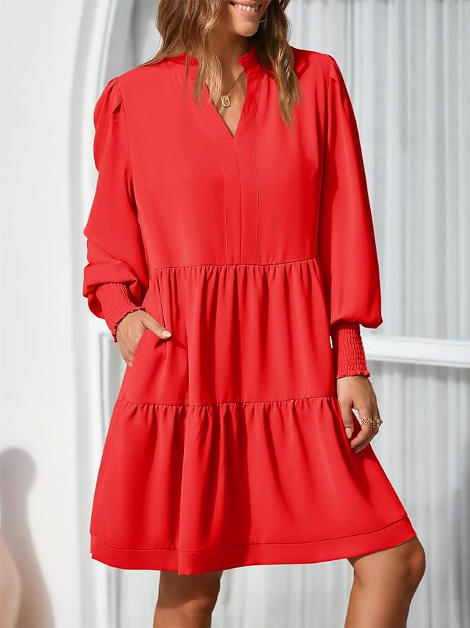 Imily Bela Womens Fall Long Sleeve Tunic Dress Casual V Neck Loose Ruffle Tiered Dress