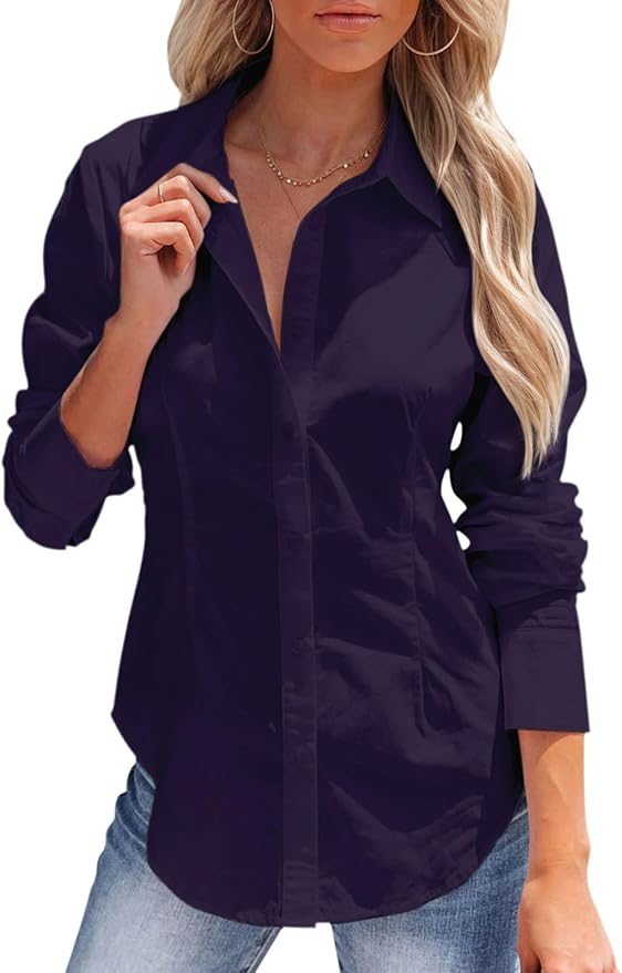 siliteelon Women's Button Down Shirts Long Sleeve Dress Shirts Wrinkle Free Collared Work Office Solid Blouses Corset Tops