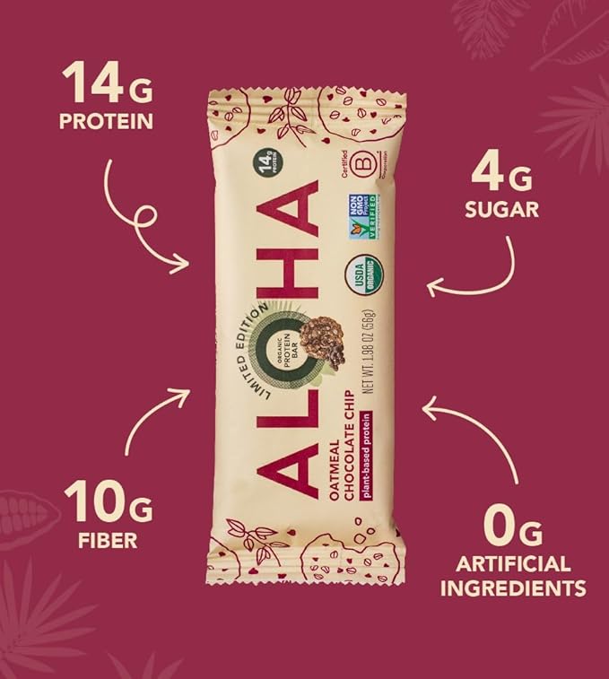 ALOHA Organic Plant Based Protein Bars - Oatmeal Chocolate Chip - 12 Count, 1.9oz Bars - Vegan Snacks, Low Sugar, Gluten-Free, Low Carb, Paleo, Non-GMO, Stevia-Free, No Sugar Alcohols