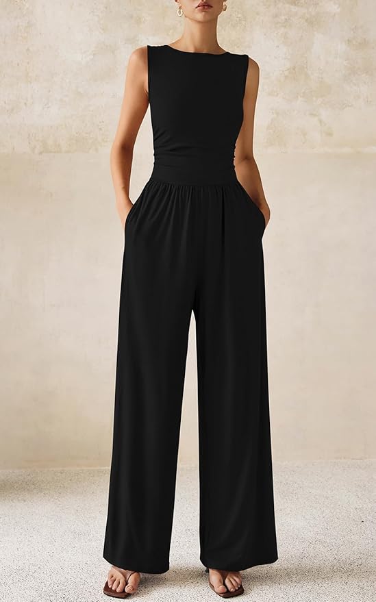 PRETTYGARDEN One Piece Jumpsuits for Women Dressy Casual Sleeveless Crewneck Wide Leg Rompers Jumpers Vacation Summer Outfits