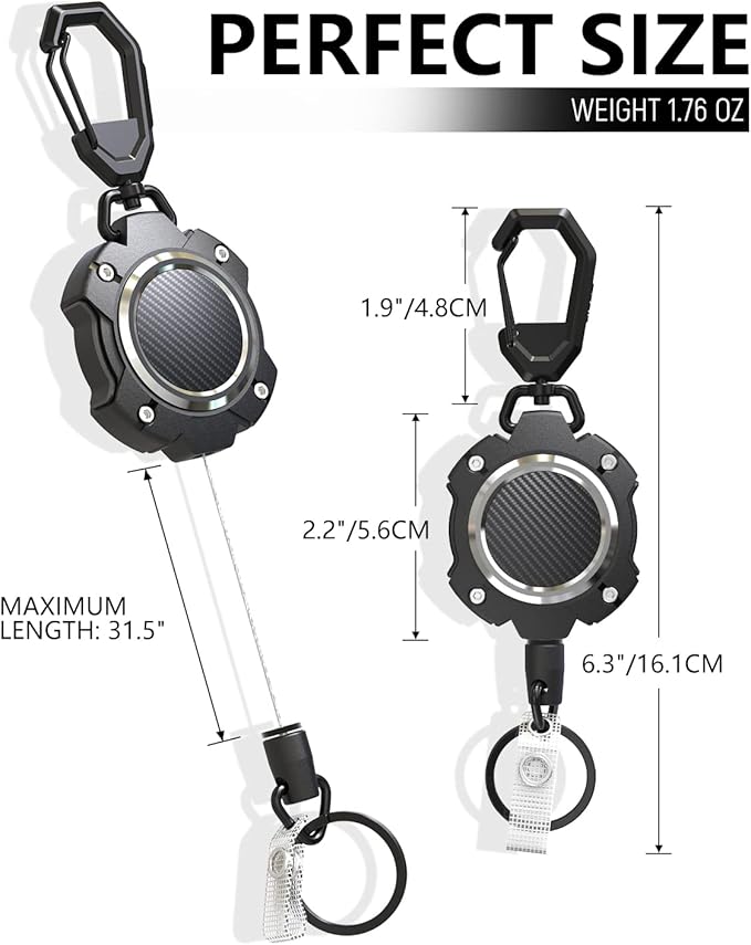 LIUGX 2 Pack Retractable Keychain, Heavy Duty Carabiner Key Chains, 10,000+ Rebound, Impact Resistance ID Badge Reels with 31.5” Wire Rope and Key Ring, Up to 8oz, Aluminum Ring, Carbon Fiber-Texture