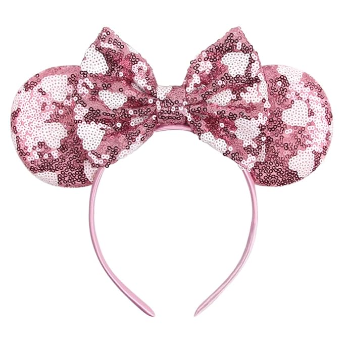 Foeran Mouse Ears Headbands Shiny Bows Mouse Ears Glitter Party Princess Decoration Cosplay Costume for Girls Women (pink heart dots)