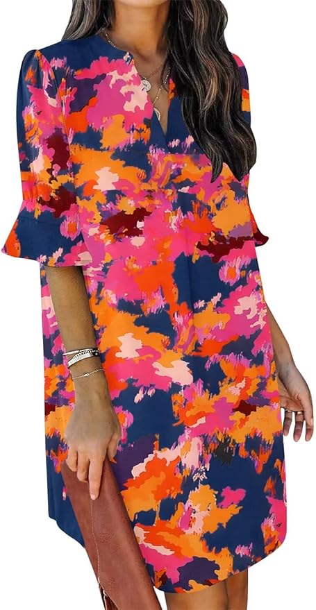 QACOHU Summer Dresses for Women V Neck Ruffle Short Sleeve Casual Shift Dress