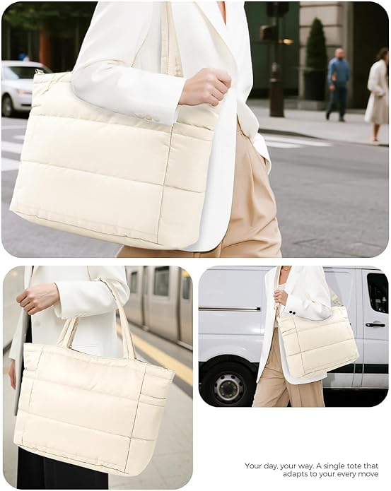 Moyad Puffy Tote Bag for Women with Zipper, Lightweight Quilted Bags Shoulder Handbag for Work, Travel, Gym, Nurse, Teacher