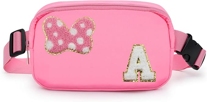 Chenille Initial Letter Bow Mouse Fanny Pack, Waterproof Park Crossbody Bag Christmas Birthday Gifts for Teen Girls Daughter Women Kids Adults, Cute Belt Bag Must Haves for Park Travel (A, Pink)