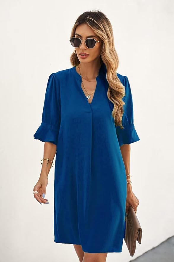 QACOHU Summer Dresses for Women V Neck Ruffle Short Sleeve Casual Shift Dress