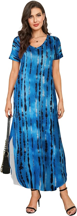 Arolina Women's Summer Maxi Dress Short Sleeve V Neck Casual Loose Long Beach Split Dresses with Pockets