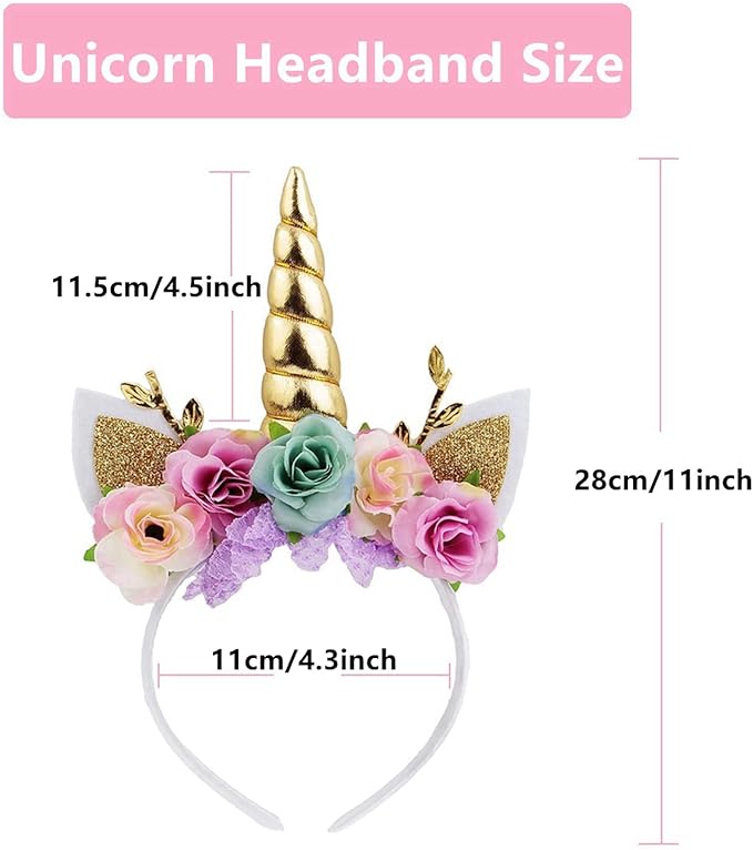 Nishine Unicorn Horn Floral Headband Glitter Ears Pony Head Bands Tiara for Girls Party Birthday Cosplay
