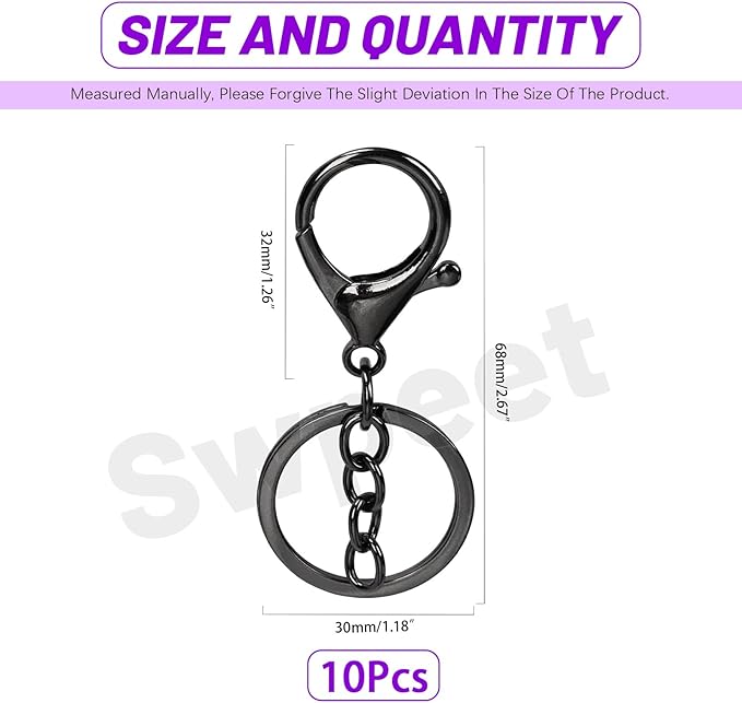 Swpeet 10Pcs Gloss Black Lobster Claw Clasps with Key Chain and Flat Split Keychain Ring Assortment Kit, Swivel Clasps Hook Clips Swivel Snaps Hooks for Purse Strap Keychain DIY Crafts