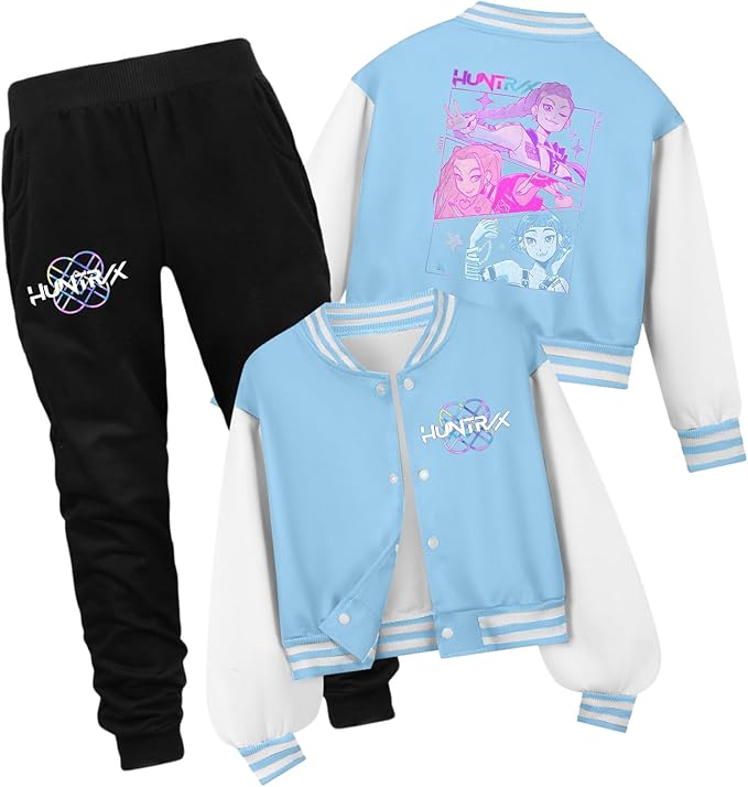 K PopGirls Kpop Tracksuit Cute Cartoon Print Baseball Coats Fashion Long Sleeve Jackets and Pants Christmas Costume Set