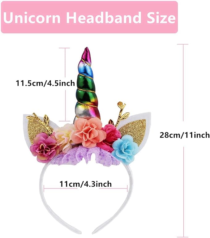 Nishine Unicorn Horn Floral Headband Glitter Ears Pony Head Bands Tiara for Girls Party Birthday Cosplay