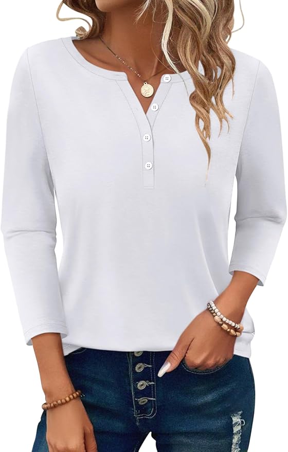 PGANDS Women's 3/4 Length Sleeve T Shirts Button Down Scoop Neck Casual Tops