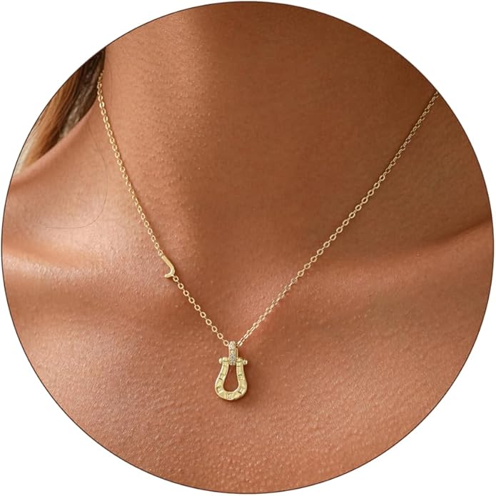 ITS4YEO Valentines Day Gifts for Women Hers, Lucky Horseshoe Initial Necklace, Dainty 14K Gold Plated Pendant Necklace, Trendy Hypoallergenic Jewelry, Gifts for Women and Teen Girls