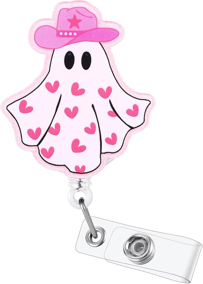 Valentines Day Cowboy Ghost Funny Nurse Badge Reel, Cute Pink Heart Retractable ID Card Badge Holder, Name Tag Medical Work Badge Clip for RN CNA LPN MA Nursing Student Doctor Teacher Office Workers