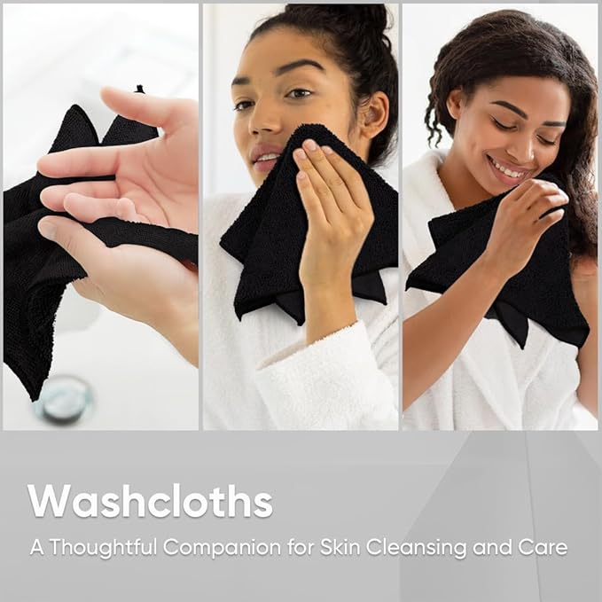 HOMEXCEL Black Washcloths 24 Pack, Highly Absorbent and Soft Microfiber Face Towel, Makeup Remover Towels, Multi-Purpose Wash Cloths for Bathroom, Hotel, Spa, Gym, and Kitchen, 12x12 Inch