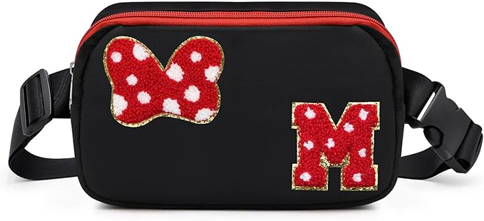 Chenille Initial Letter Bow Mouse Fanny Pack, Waterproof Park Crossbody Bag Christmas Birthday Gifts for Teen Girls Daughter Women Kids Adults, Cute Belt Bag Must Haves for Park Travel (M, Black)