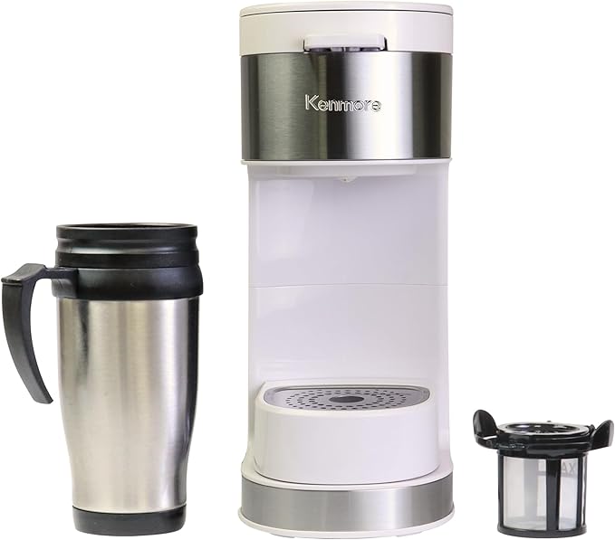 Koolatron Kenmore Single Serve Coffee Maker & Stainless Steel Travel Mug, Capsule/Pod & Ground Coffee Brewing, K Cup Compatible, Hot & Iced Coffee Machine, 6 to 14 Oz Brew Sizes, Auto Shut-Off, White