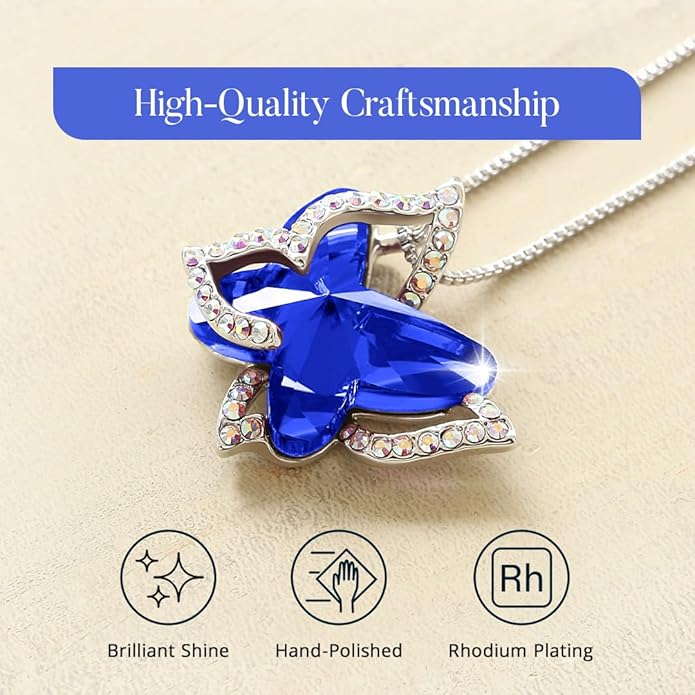 GEMMANCE Gift Butterfly Birthstone Crystal Necklace, Silver Tone with 18”+2” Chain, Necklace for Mother’s Day Anniversary Birthday Gifts for Women and Daughter, Valentine's Day