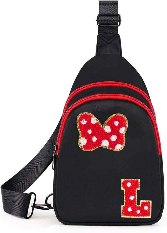 7 8 9 10 11 12 13 14 Year Old Girl Birthday Gifts, Black Initial Bow Mouse Park Small Sling Bag for Girls Daughter Women, Teen Girl Gifts Trendy Stuff Crossbody Fanny Pack Must Haves for Park Travel L