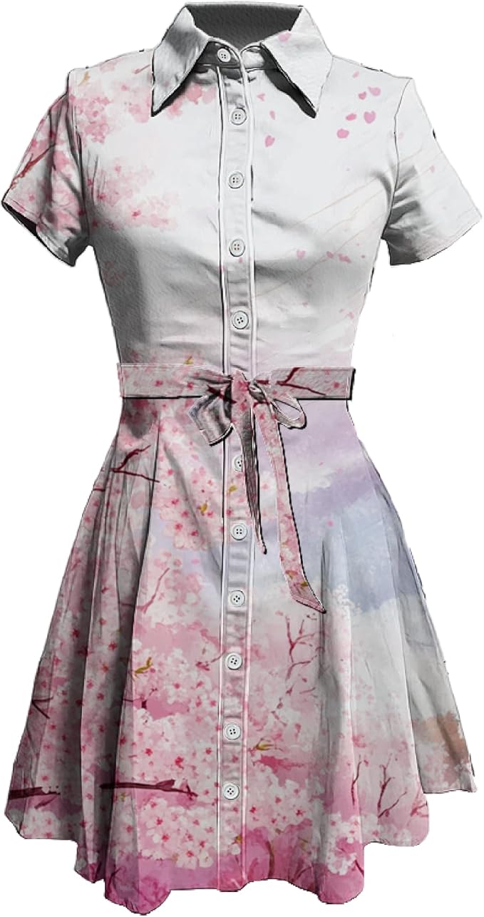 MARSVOVO Cute T Shirt Dress for Women Short Sleeve Button Up Tie Waist Elegant Casual Collared Smocked Midi Dress