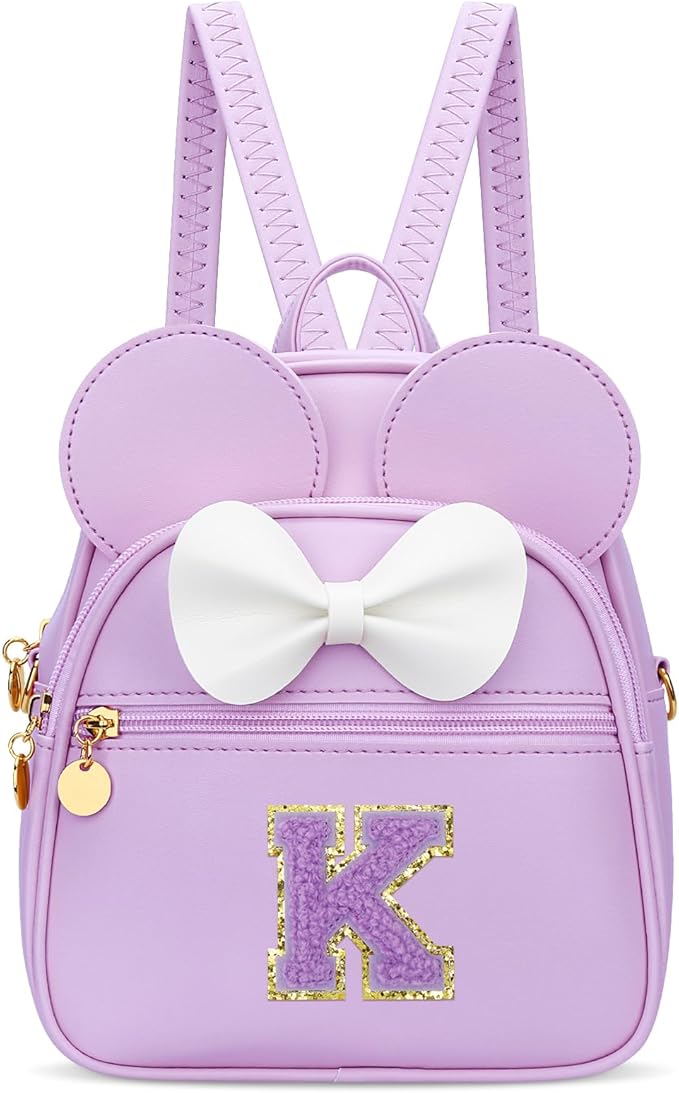 KKXIU Girls Initial Bowknot Cute Mini Backpack for Toddler, Travel Small Girl Backpacks, Personalized Valentine's Day Gifts for Little Girls and Kids(K, Purple)