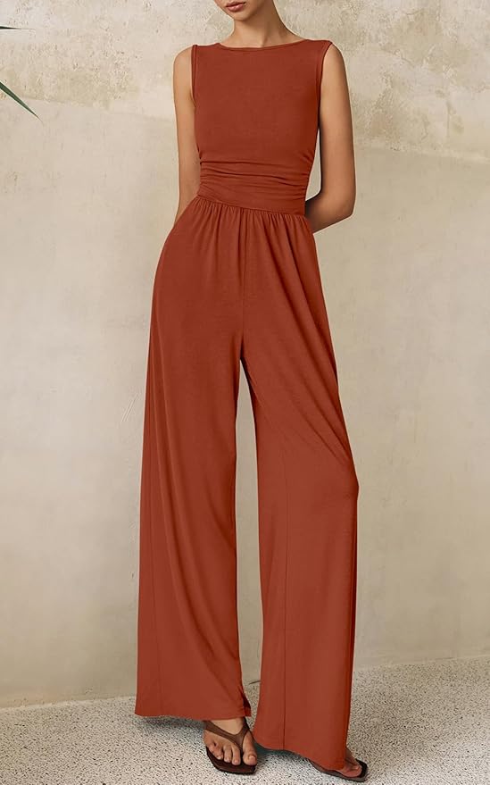 PRETTYGARDEN One Piece Jumpsuits for Women Dressy Casual Sleeveless Crewneck Wide Leg Rompers Jumpers Vacation Summer Outfits