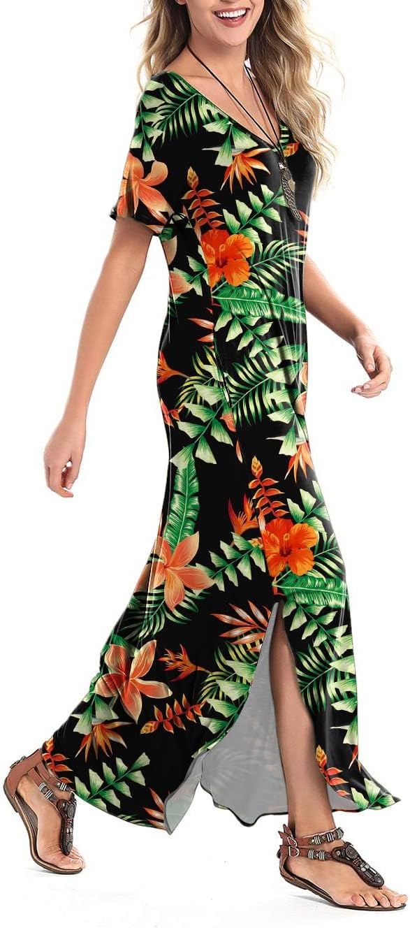 Arolina Women's Summer Maxi Dress Short Sleeve V Neck Casual Loose Long Beach Split Dresses with Pockets