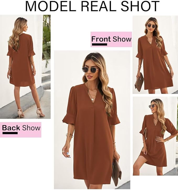 Wkior Shift Dress for Women V Neck Short Sleeves Solid Color Casual Flowy Summer Dresses(S-2XL)