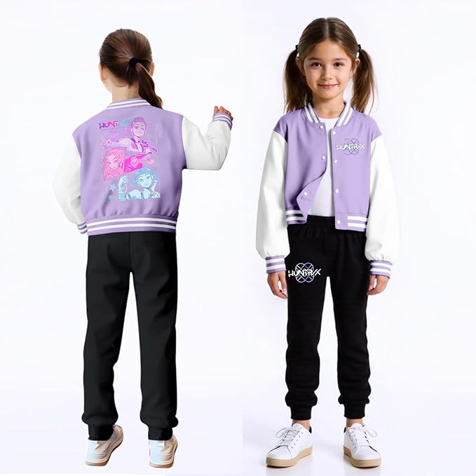 K PopGirls Kpop Tracksuit Cute Cartoon Print Baseball Coats Fashion Long Sleeve Jackets and Pants Christmas Costume Set