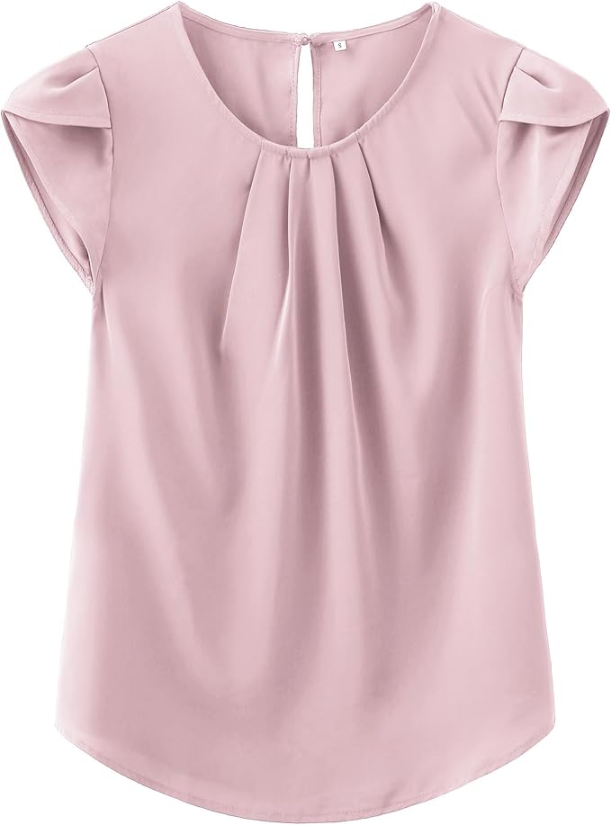 TASAMO Women's Casual Round Neck Basic Pleated Top Cap Sleeve Curved Keyhole Back Chiffon Blouse