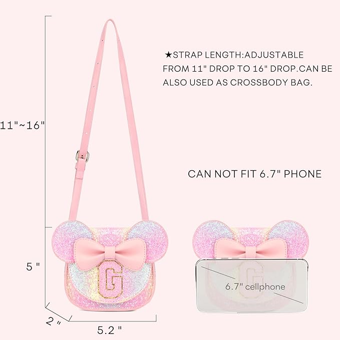 mibasies Toddler Purse Girl Gifts: Girls Birthday Gifts for 3-8 - Toys for Ages 2-4 Girls Mouse Ears Purse, Glitter Rainbow, Letter G