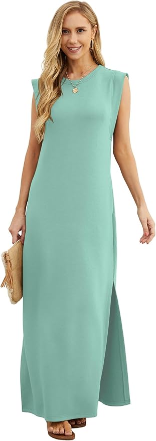 GRECERELLE 2026 Women Year-Round Casual Round Neck Loose Split Wrinkle-Free Long Maxi Vacation Dress with Pockets (XXS-4XL)
