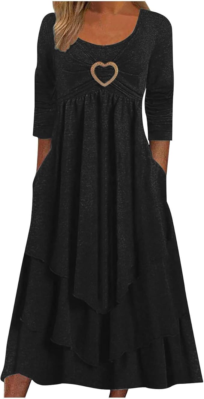 Winter Dresses for Women Wedding Guests Casual Cute Heart Long Sleeve Tiered Maxi Dress with Pockets Plus Size